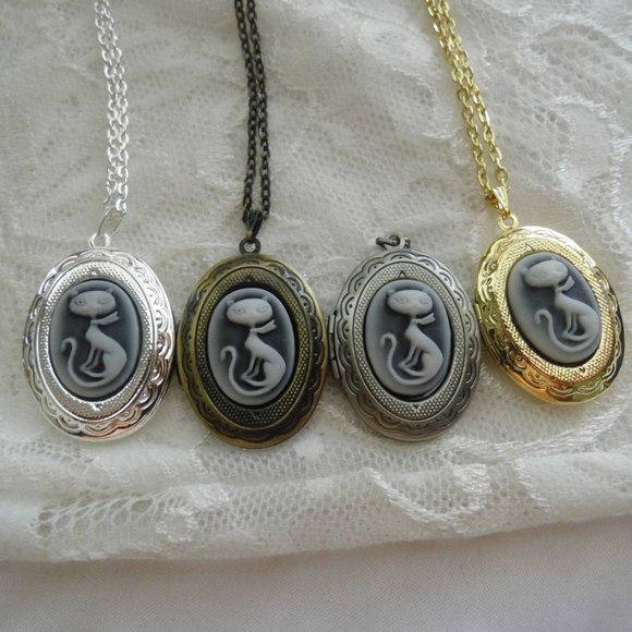 Petite Locket Cameo kitty cat black Necklace Retro - Picture 2 of 5